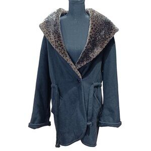 Lorovi Vintage Womens Medium Black Wool & Nylon Coat With Faux Fur Collar